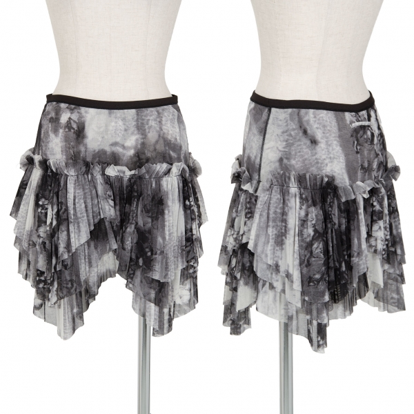 Jean Paul GAULTIER FEMME Graphic Printed Tiered Mesh Skirt Grey 40