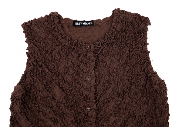 ISSEY MIYAKE Cotton Gather Pin Tuck Design Vest (Waistcoat) Brown