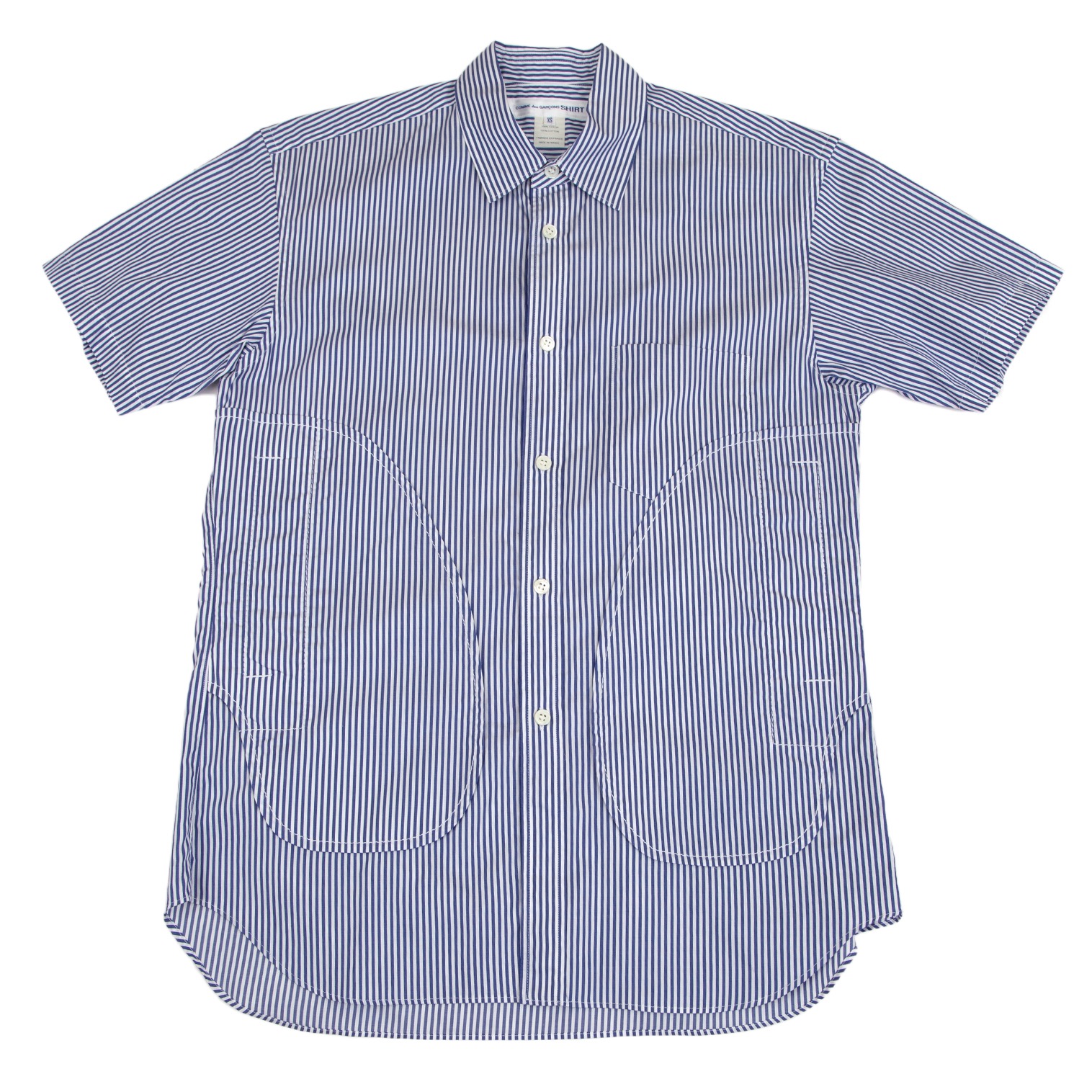 コムデギャルソン　シャツ　半袖　ストライプ　総柄　トップス　ブルー　切り替えの半袖シャツ