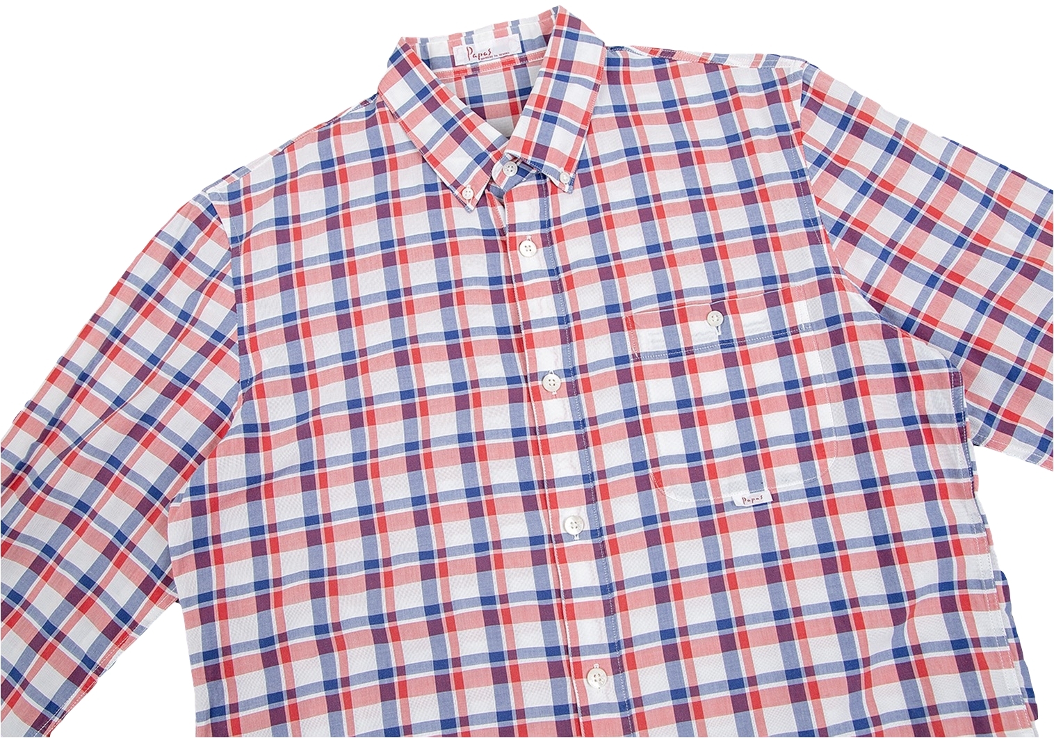パパスPapas コットンボタンダウンチェックシャツ 白赤青46S
