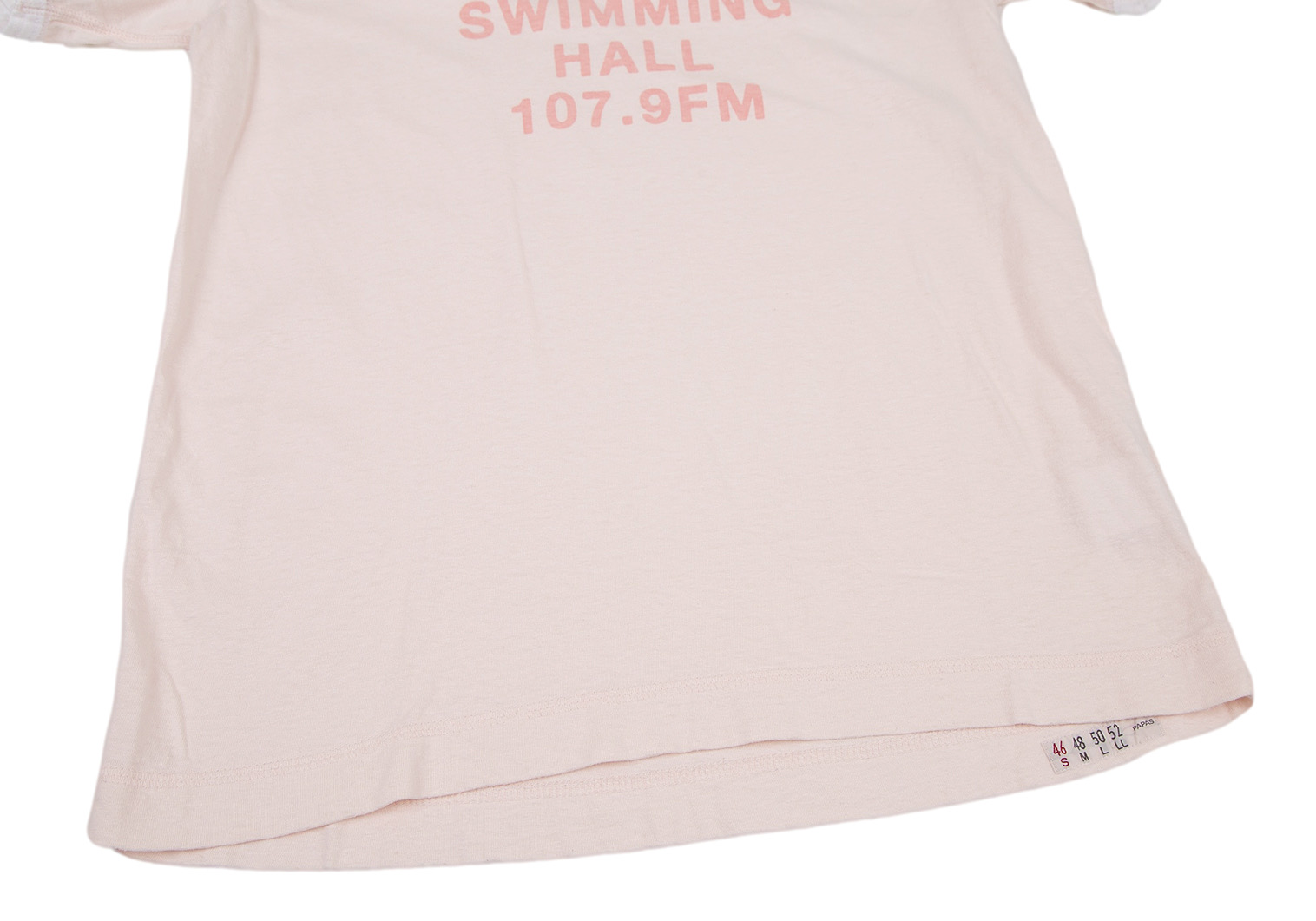パパスPapas コットンカレッジプリントリンガーTシャツ 薄ピンク46S