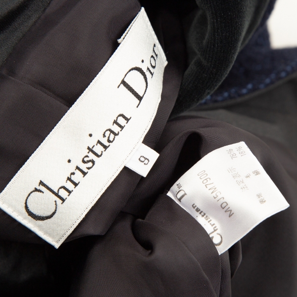 Christian Dior Velour Collar Tweed Jacket & Skirt Navy 9 | PLAYFUL