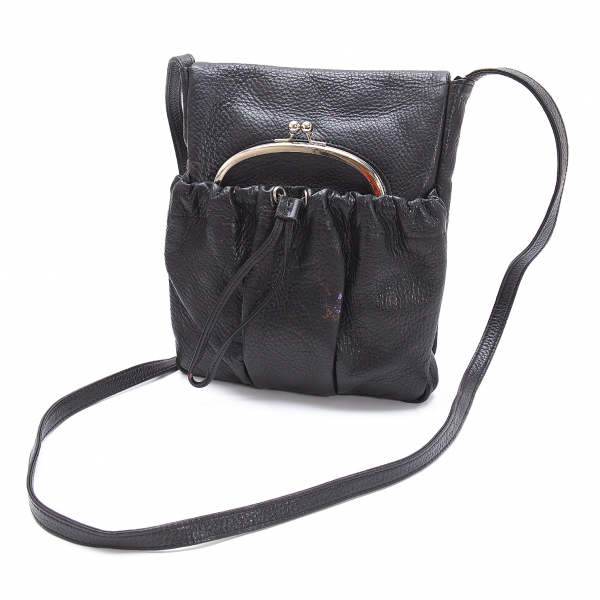 Y's Shrink Leather Clasp Flap Shoulder Bag Black | PLAYFUL