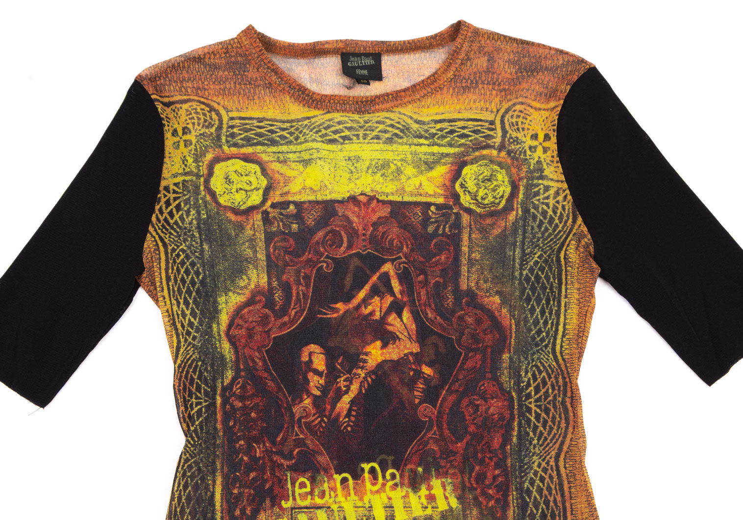 ジャンポールゴルチエ ファムJean Paul GAULTIER FEMME タトゥーアーティストプリントパワーネットTシャツ 黄黒マルチ40