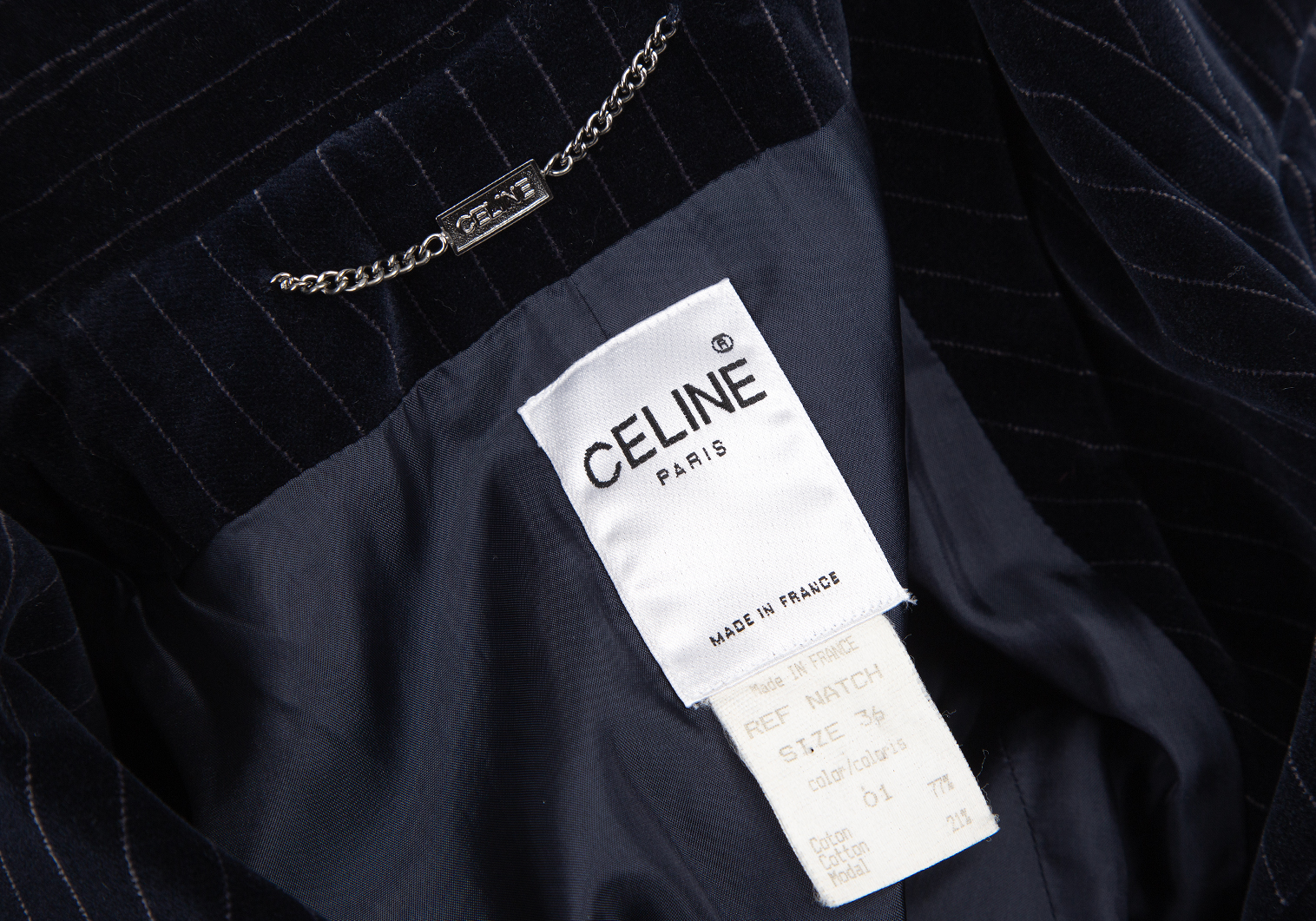 セリーヌCELINE ストライプベロアロングジャケット 紺36