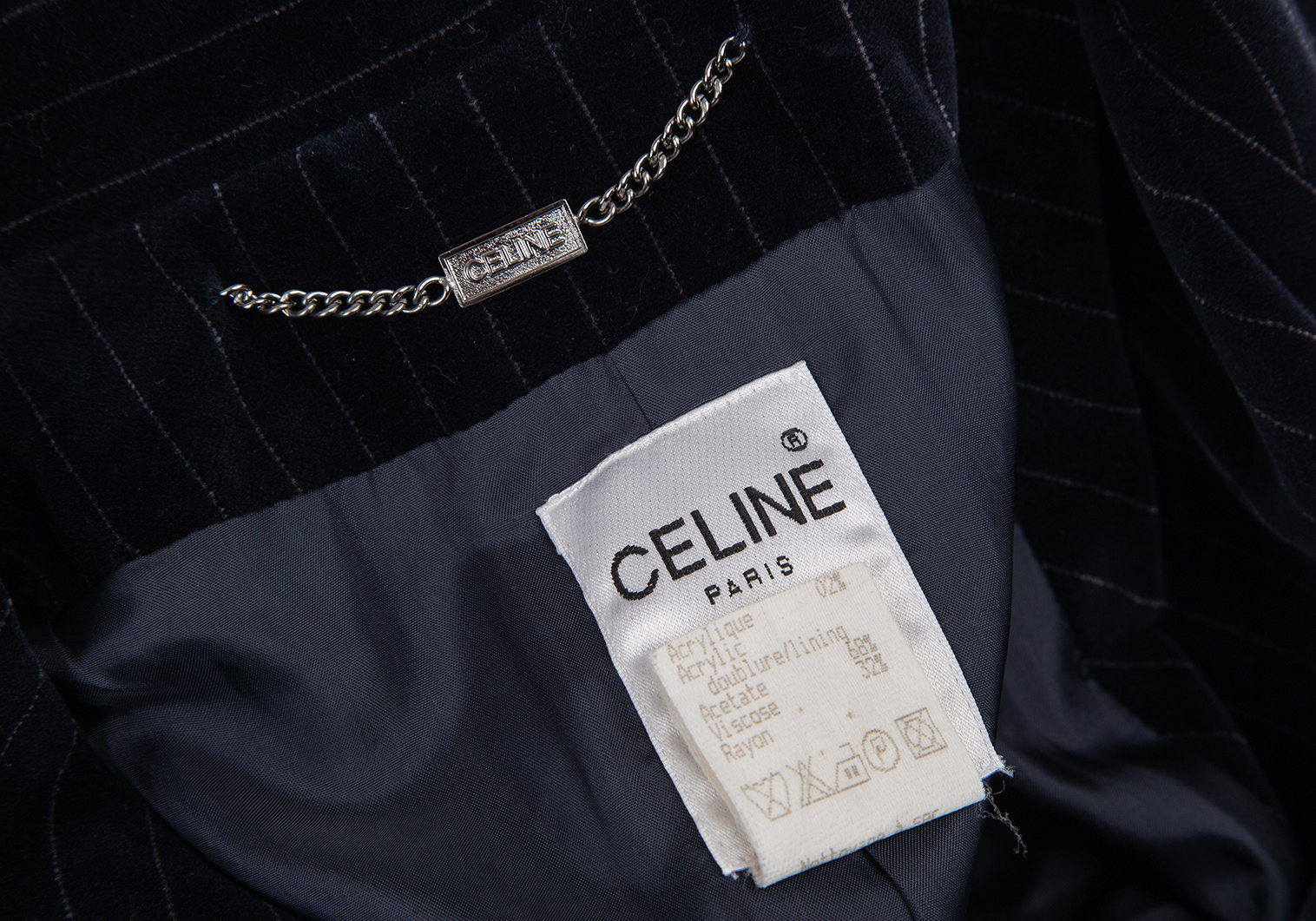 セリーヌCELINE ストライプベロアロングジャケット 紺36