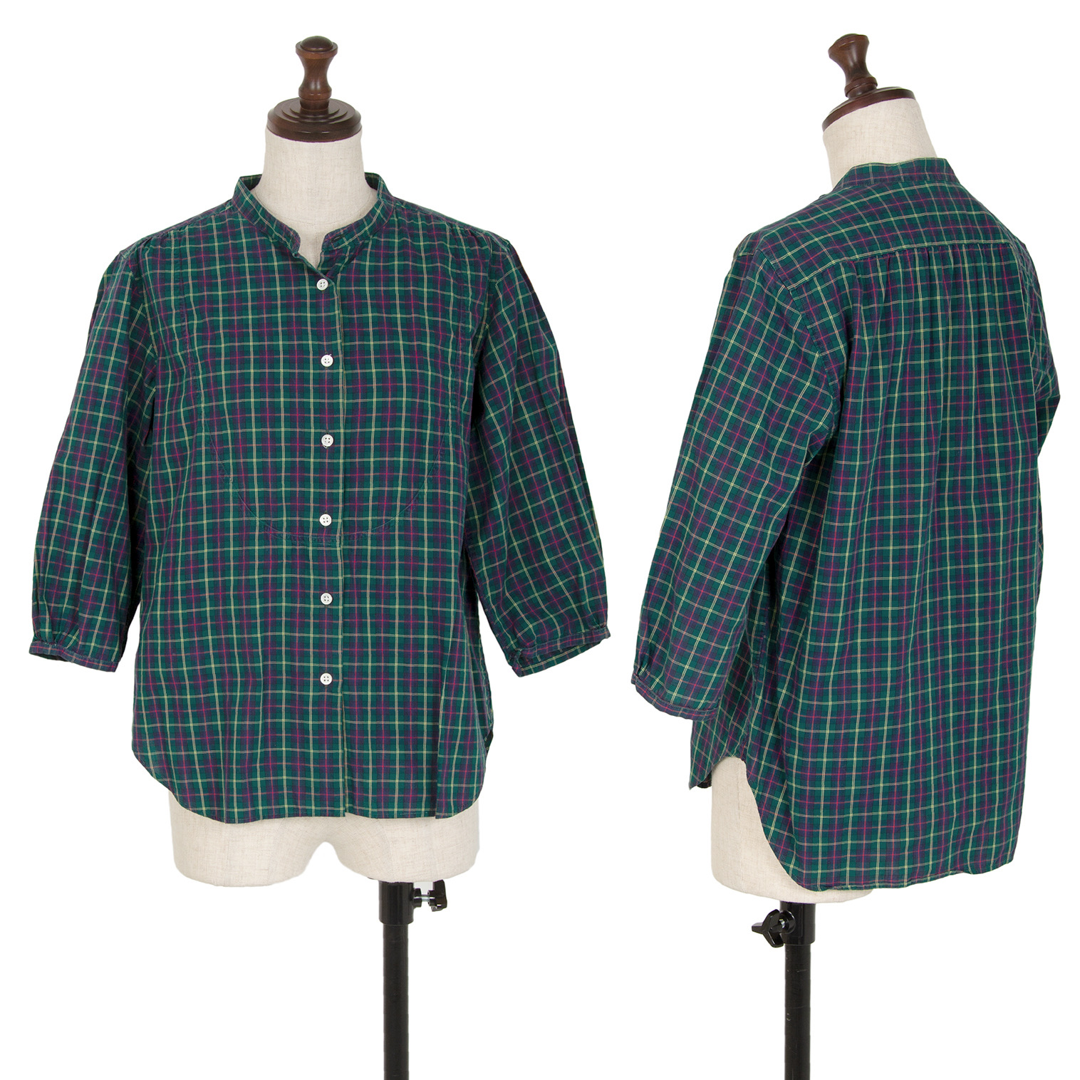 マーガレットハウエル バンドカラーシャツ ブラウス 七分袖 2 M 緑 グリーン41cm身幅