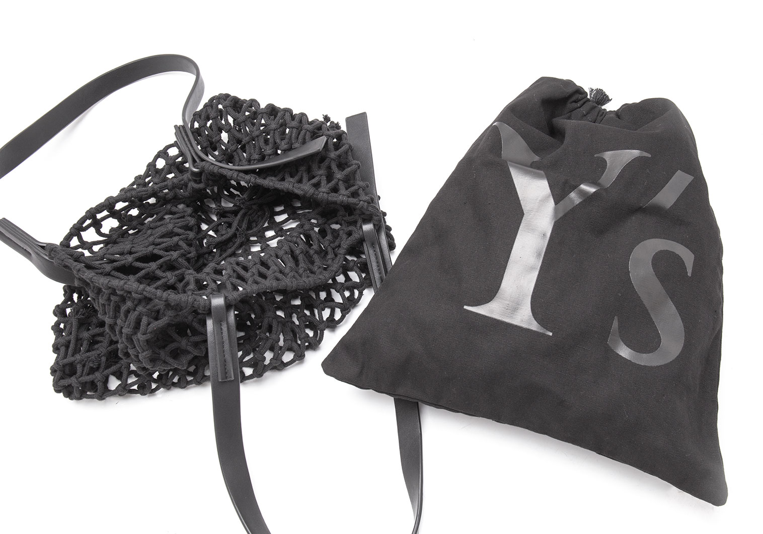 ワイズY's ロゴプリント巾着ネットバッグ 黒