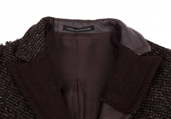 Y's Leather Switching Tweed Jacket Brown 1 | PLAYFUL