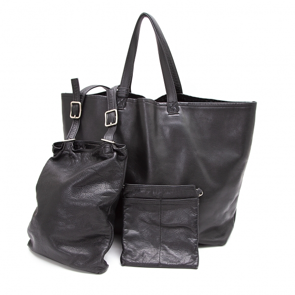 Yohji Yamamoto FEMME Leather tote bag with pouch Black | PLAYFUL