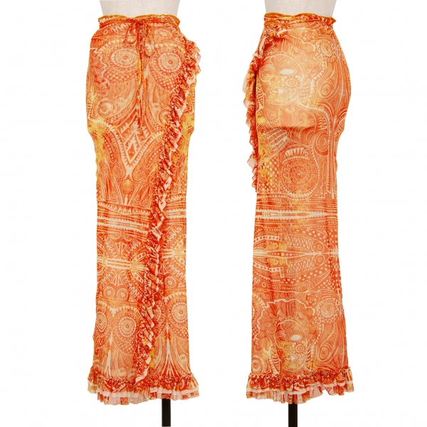 Jean-Paul GAULTIER FEMME Printed Frill Mesh Wrap Skirt Orange 40