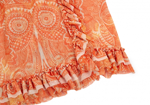Jean-Paul GAULTIER FEMME Printed Frill Mesh Wrap Skirt Orange 40