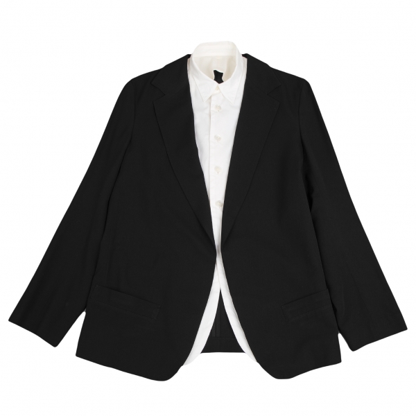 Y's Wool Gabardine Shirt Collar Layered Jacket Black 4 | PLAYFUL