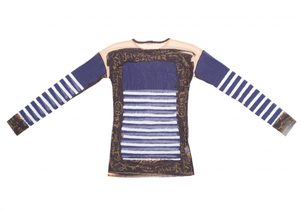 Jean Paul GAULTIER HOMME Striped Printed Mesh Top Blue 48 | PLAYFUL