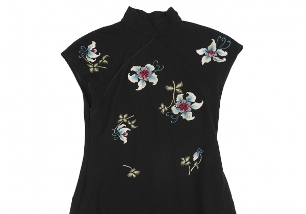 VIVIENNE TAM Floral Embroidery Mesh Layered Cheongsam Dress Black