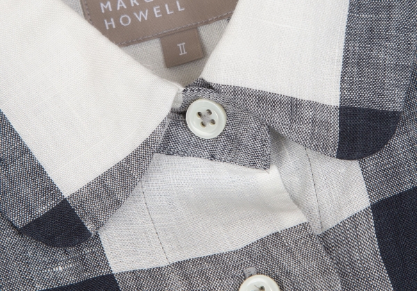 MARGARET HOWELL Linen Check Short Sleeve Shirt Navy,White 2 | PLAYFUL