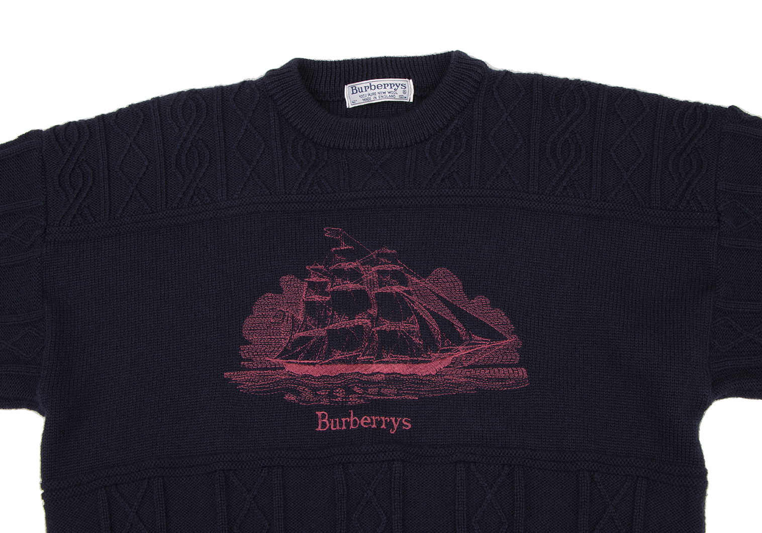 バーバリーズBurberrys' ヨットロゴ刺繍ケーブルニットセーター 紺40