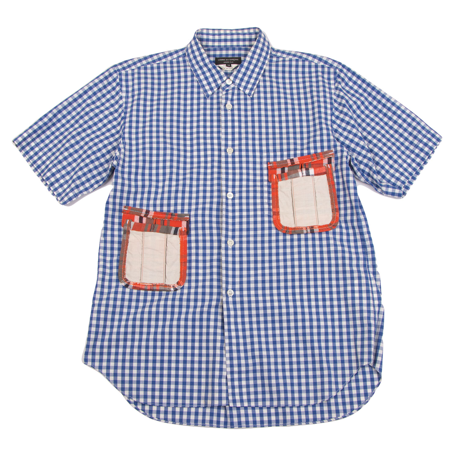コムデギャルソン オムプリュスCOMME des GARCONS HOMME PLUS パッチポケット切替チェック半袖シャツ 青白赤XS