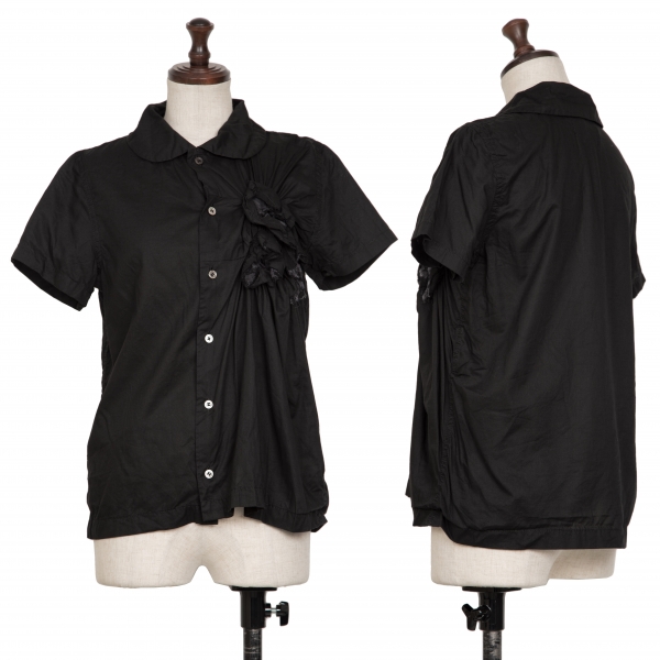 トリココムデギャルソンtricot COMME des GARCONS ギャザーコサージュラウンドカラー半袖シャツ 黒M