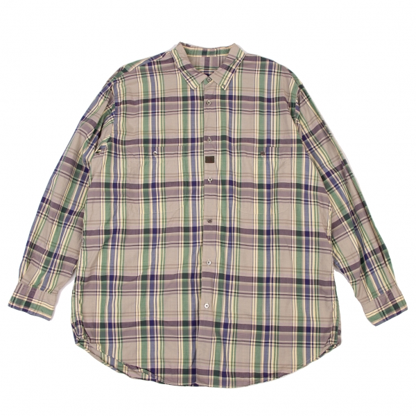 パパスPapas ワンポイント刺繍チェック長袖シャツ グレー緑紫L