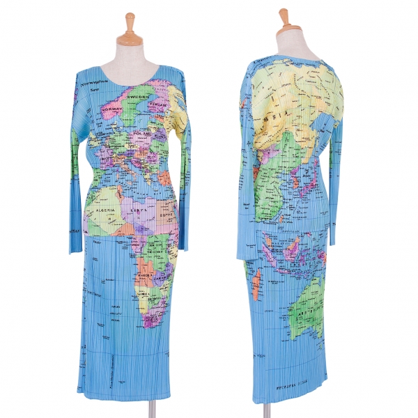 PLEATS PLEASE World map print pleated skirt Sky blue,Multiple