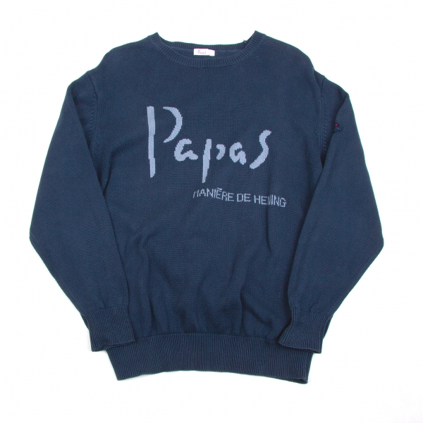 パパスPapas ロゴデザインコットンニットセーター 紺水色M位