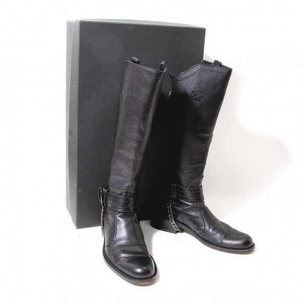 Zip Leather Long Boots Black 