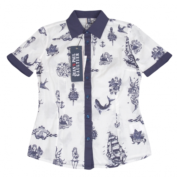 Jean-Paul GAULTIER Tattoo Printed Short Sleeve Shirt White,Navy M