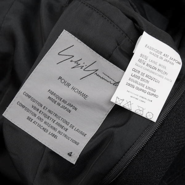 Yohji Yamamoto POUR HOMME Liner Leather Wool Jacket Black 4 | PLAYFUL